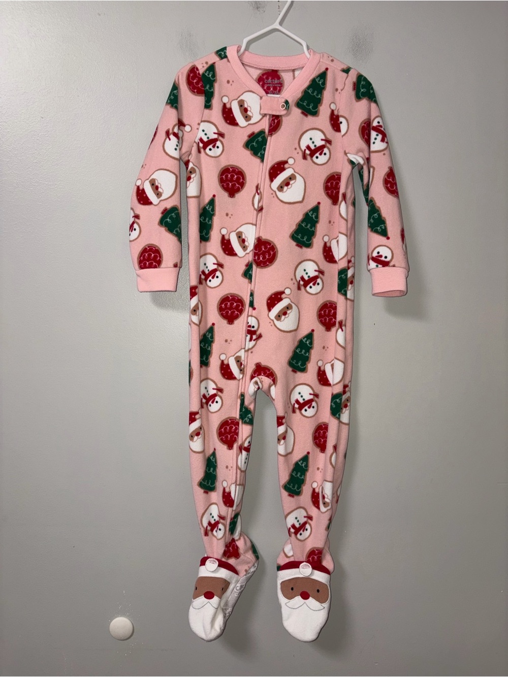 Child of Mine by Carters Pink Fleece Santa Claus Trees Ornaments Print Footie 3T
